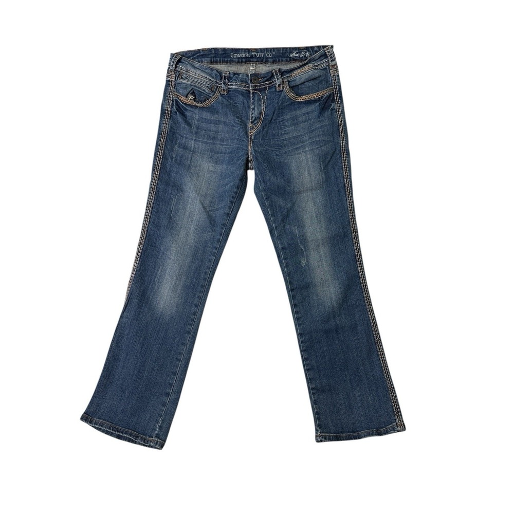 Cowgirl Tuff Co Womens Jeans Blue Bootcut Mid Rise Thick Stitch 35x31 (tag33x31)